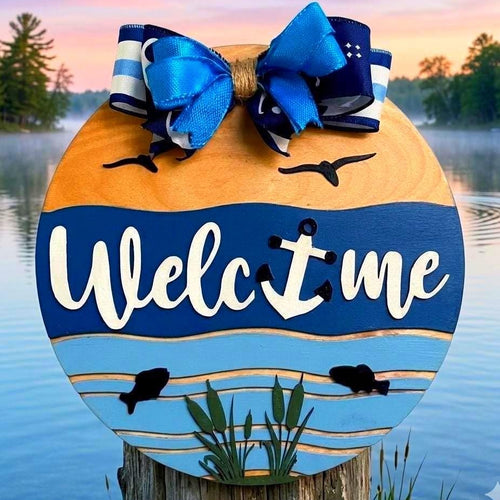 Coastal Welcome Sign | Nautical Wooden Door Hanger | Beach Lake Ocean Waterfront House Decor