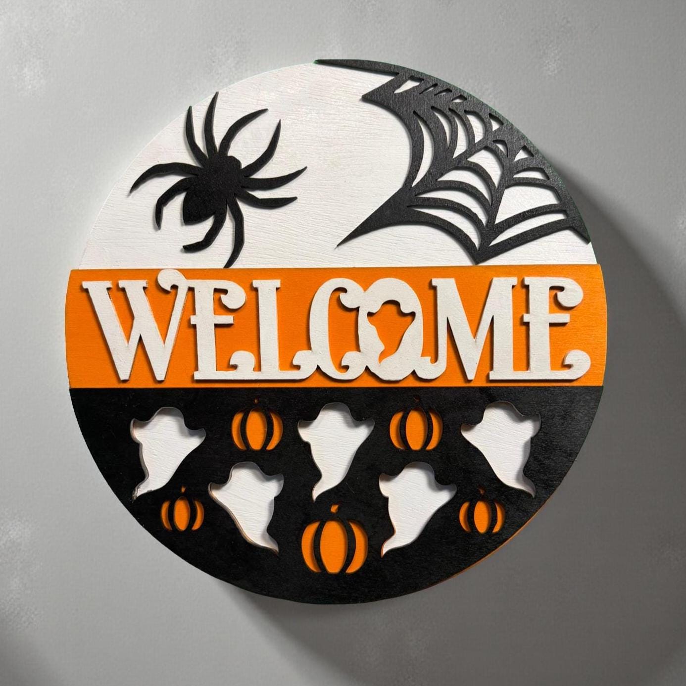Halloween Welcome Sign: Layered Wood Ghost & Spider Door Hanger Seasonal Door Hanger