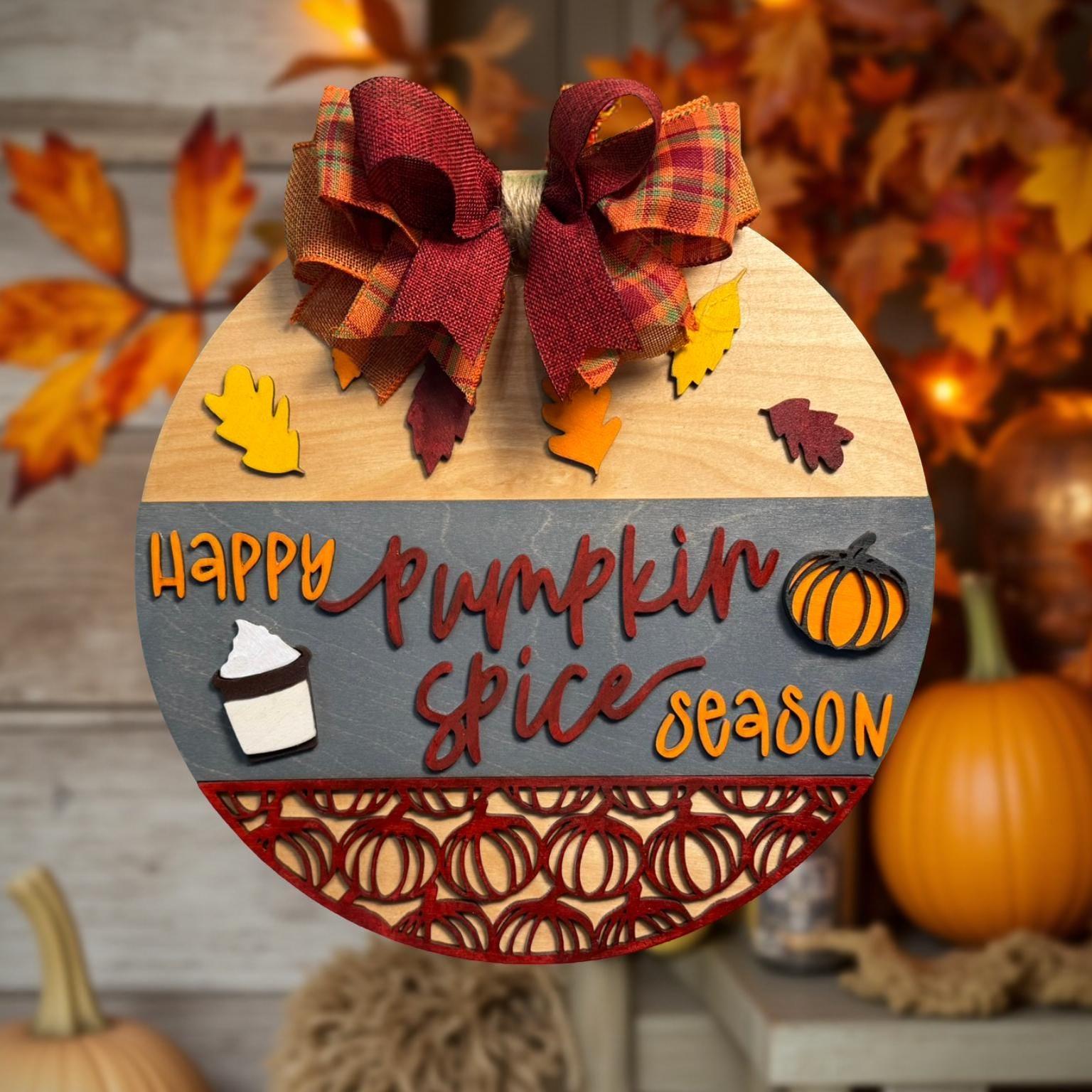 Pumpkin Spice Season Wood Sign: Fall Farmhouse Door Hanger with Plaid Bow Seasonal Door Hanger