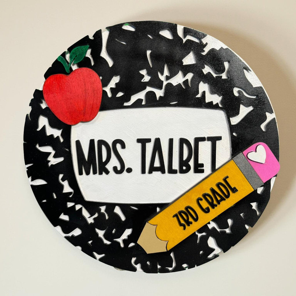 Personalized Teacher Wood Sign – Composition Notebook, Back-to-School Gift Handmade 3D Wood Sign