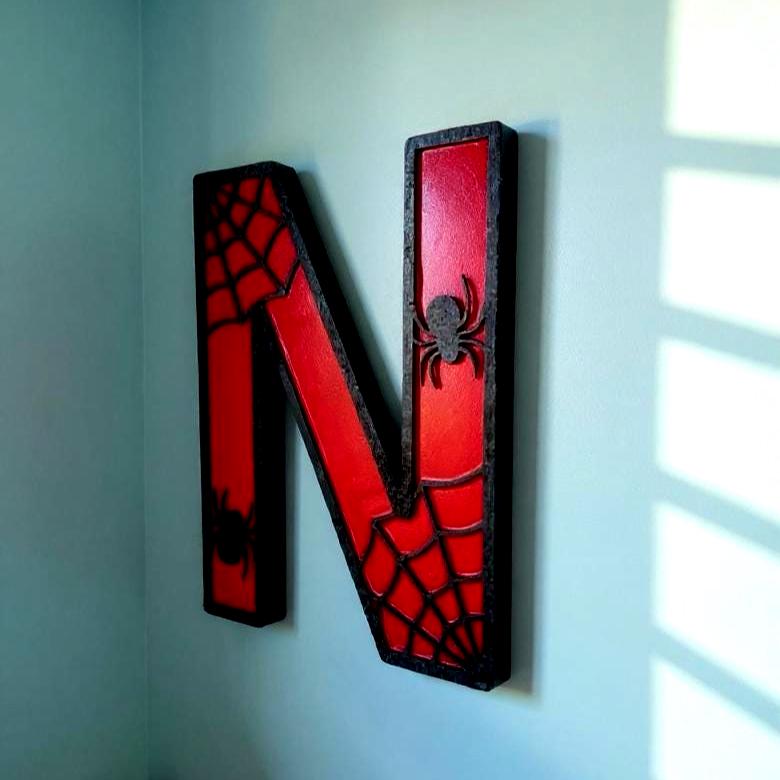 Personalized Spider Web Letter Sign | Handmade Superhero Wooden Wall Decor Handmade 3D Wood Sign