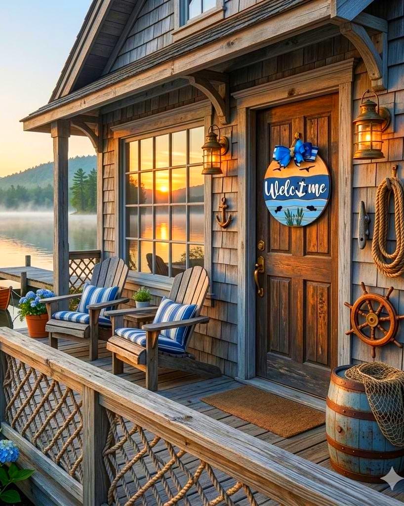 Coastal Welcome Sign | Nautical Wooden Door Hanger | Beach Lake Ocean Waterfront House Decor