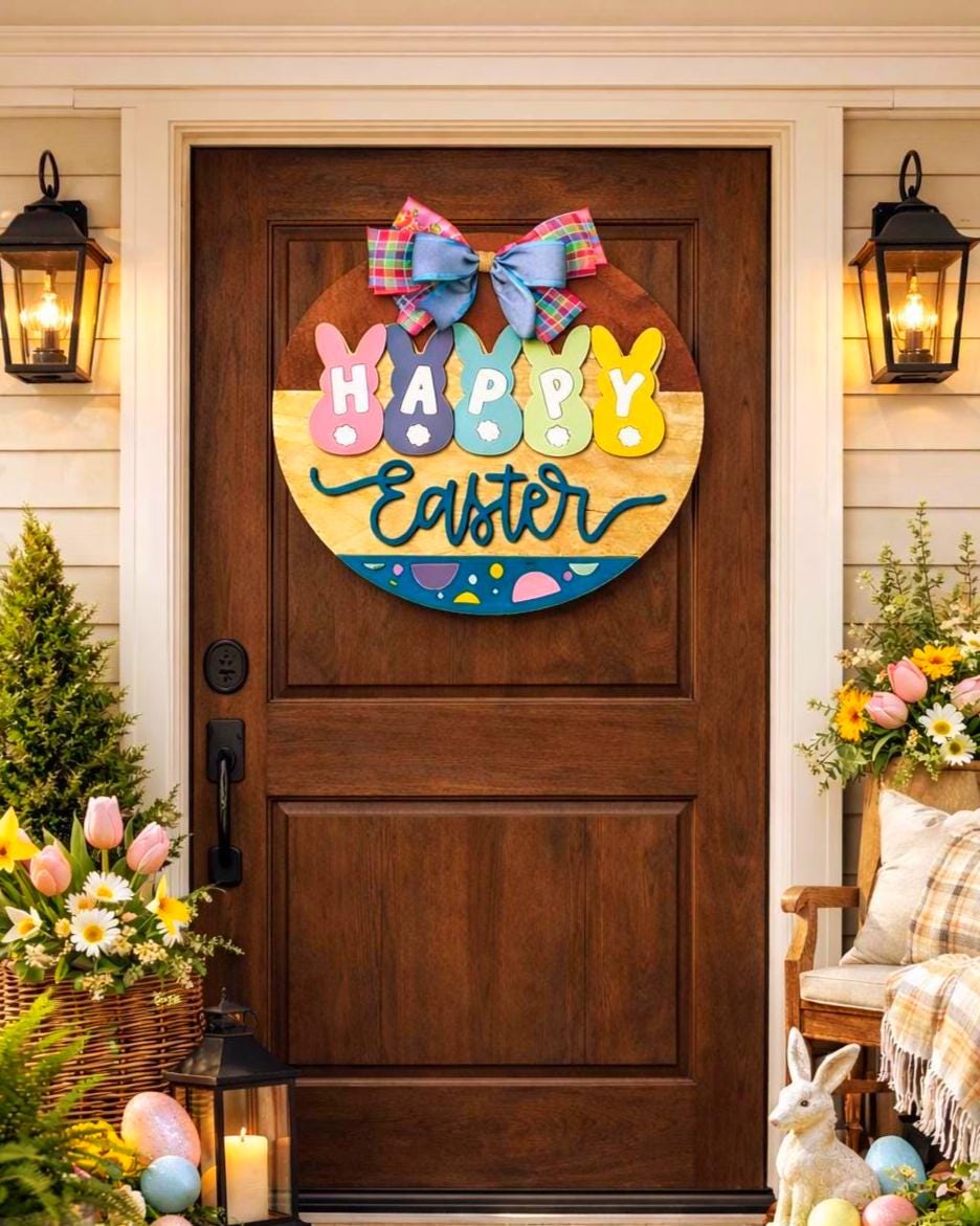 Happy Easter Wooden Sign | Farmhouse Spring Bunny Decor | Handmade Porch Door Hanger / Wall Hanging Seasonal Door Hanger