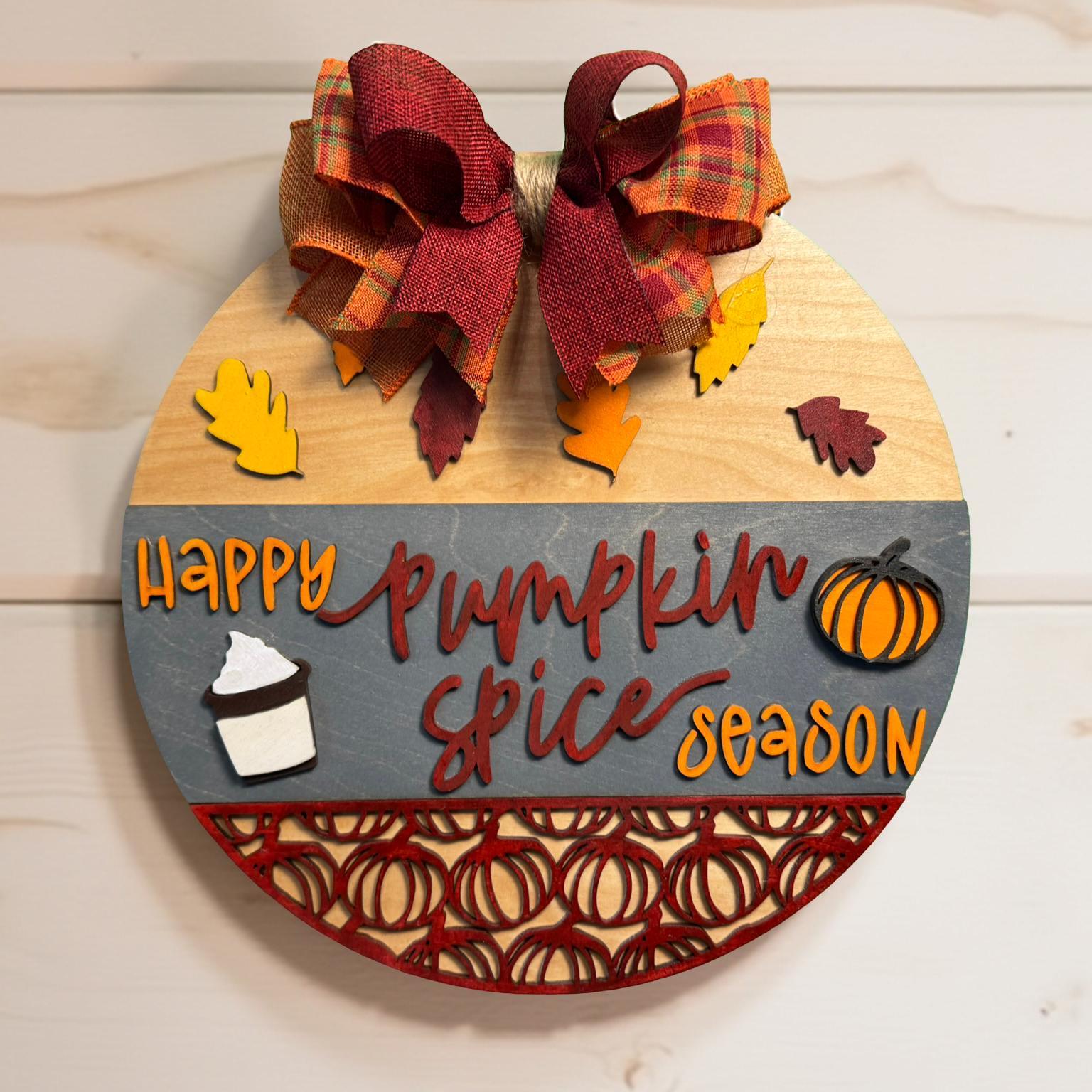 Pumpkin Spice Season Wood Sign: Fall Farmhouse Door Hanger with Plaid Bow Seasonal Door Hanger