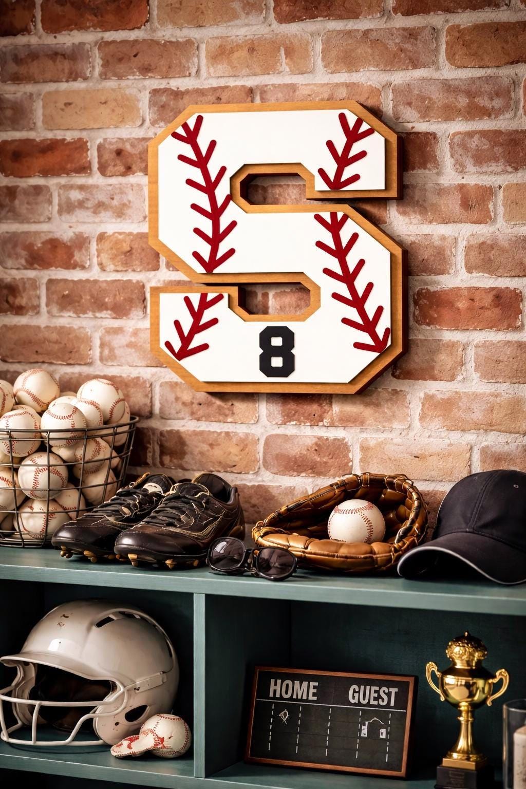 Personalized Baseball Letter Sign with Custom Number • Wooden Sports Wall Hanging • Baseball Room Decor