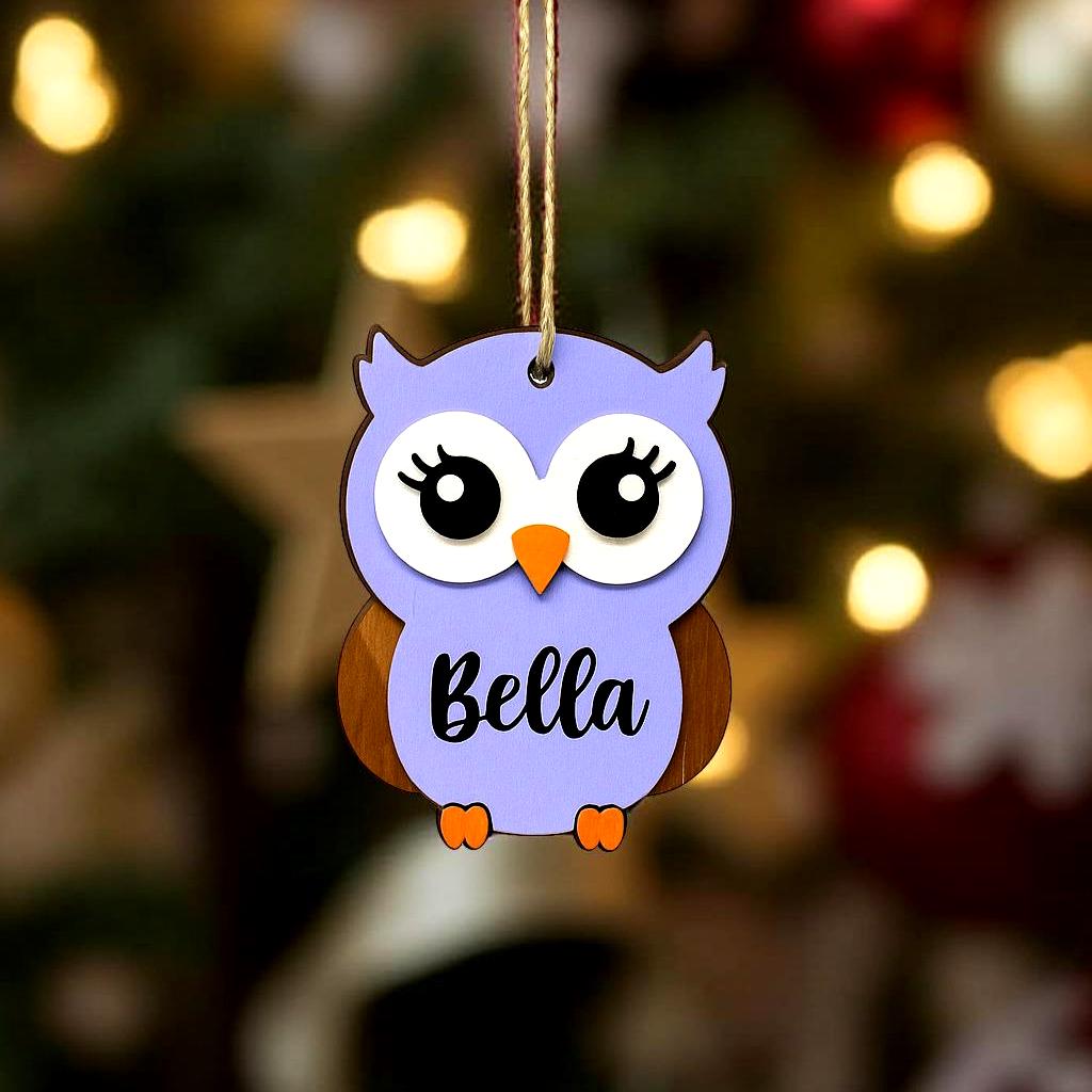 Personalized Owl Christmas Ornament – Layered Wood, Custom Name Handmade Seasonal Decor