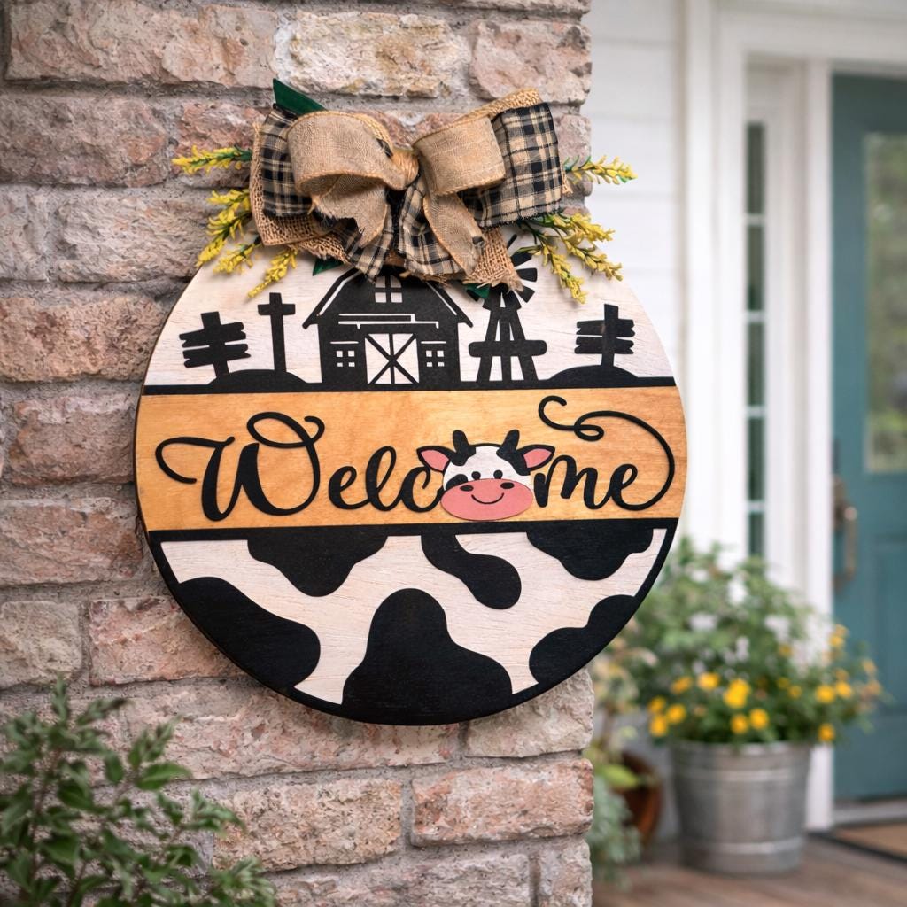 Farmhouse Cow Welcome Sign – Round Wooden Door Hanger with Bow – Country Porch Decor