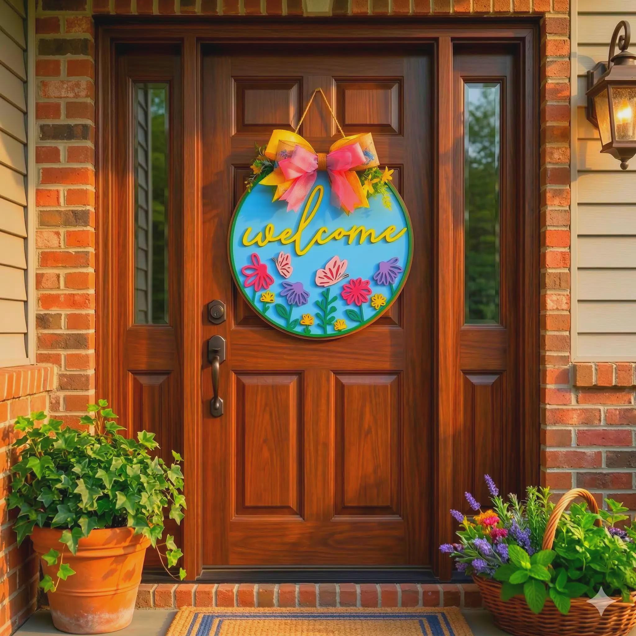 Spring Welcome Door Hanger, Colorful Floral Wooden Sign, Front Door Decor Handmade Wood Door Hanger