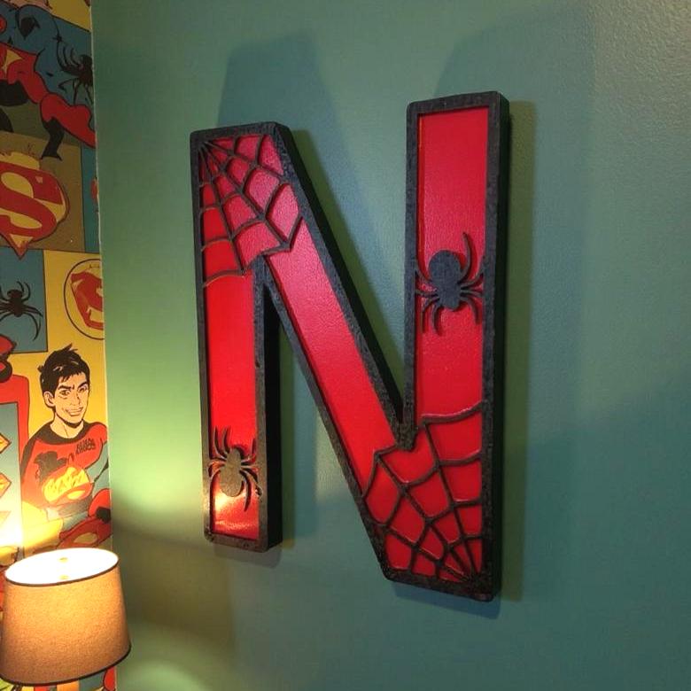 Personalized Spider Web Letter Sign | Handmade Superhero Wooden Wall Decor Handmade 3D Wood Sign