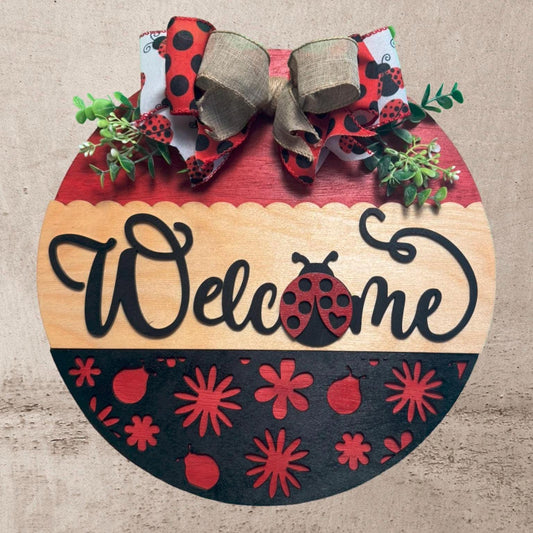 Ladybug Welcome Door Sign | 14" Round Wooden Porch Decor | Spring Summer Front Door Sign | Ladybug Themed Outdoor Decoration