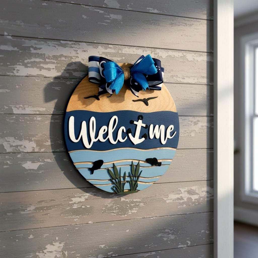 Coastal Welcome Sign | Nautical Wooden Door Hanger | Beach Lake Ocean Waterfront House Decor