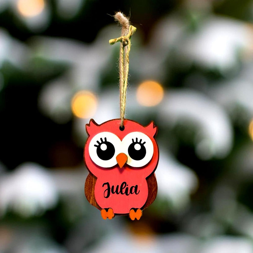 Personalized Owl Christmas Ornament – Layered Wood, Custom Name Handmade Seasonal Decor