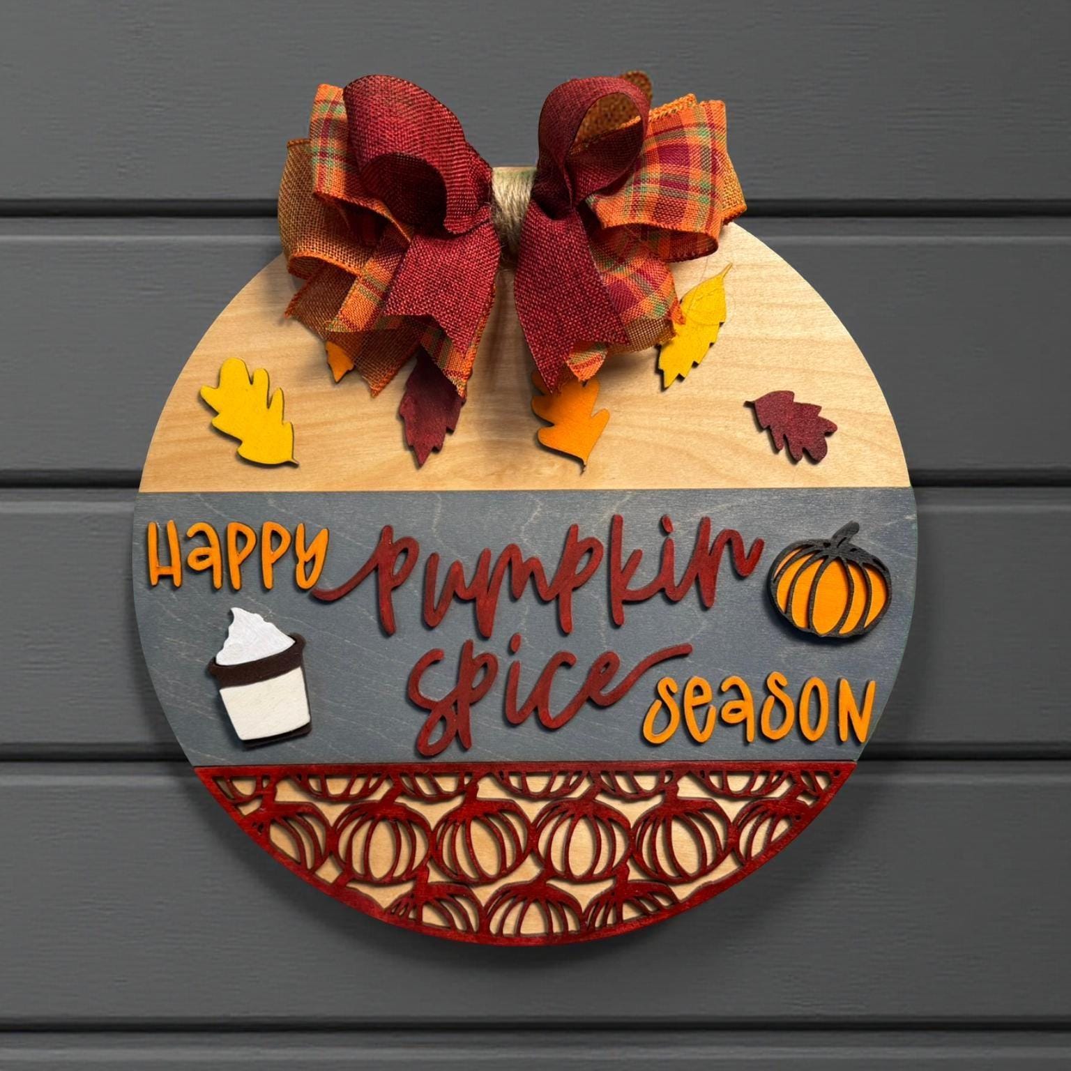 Pumpkin Spice Season Wood Sign: Fall Farmhouse Door Hanger with Plaid Bow Seasonal Door Hanger