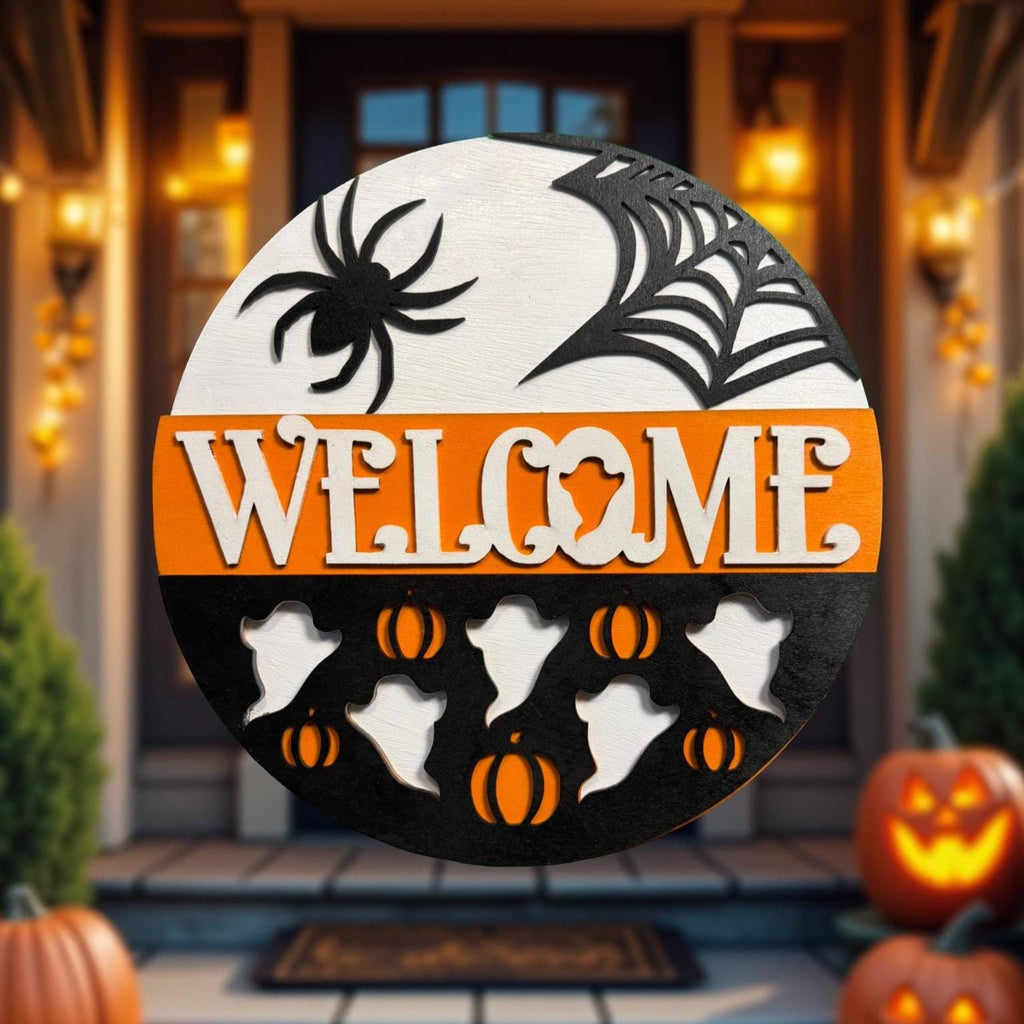 Halloween Welcome Sign: Layered Wood Ghost & Spider Door Hanger Seasonal Door Hanger