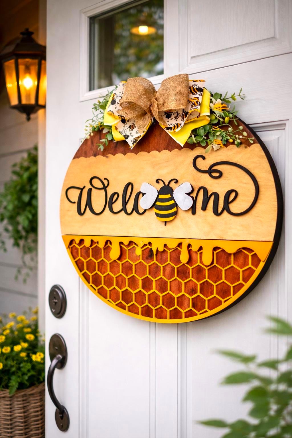 Welcome Honey Bee Wooden Door Sign, Bumble Bee Farmhouse Spring Summer Decor