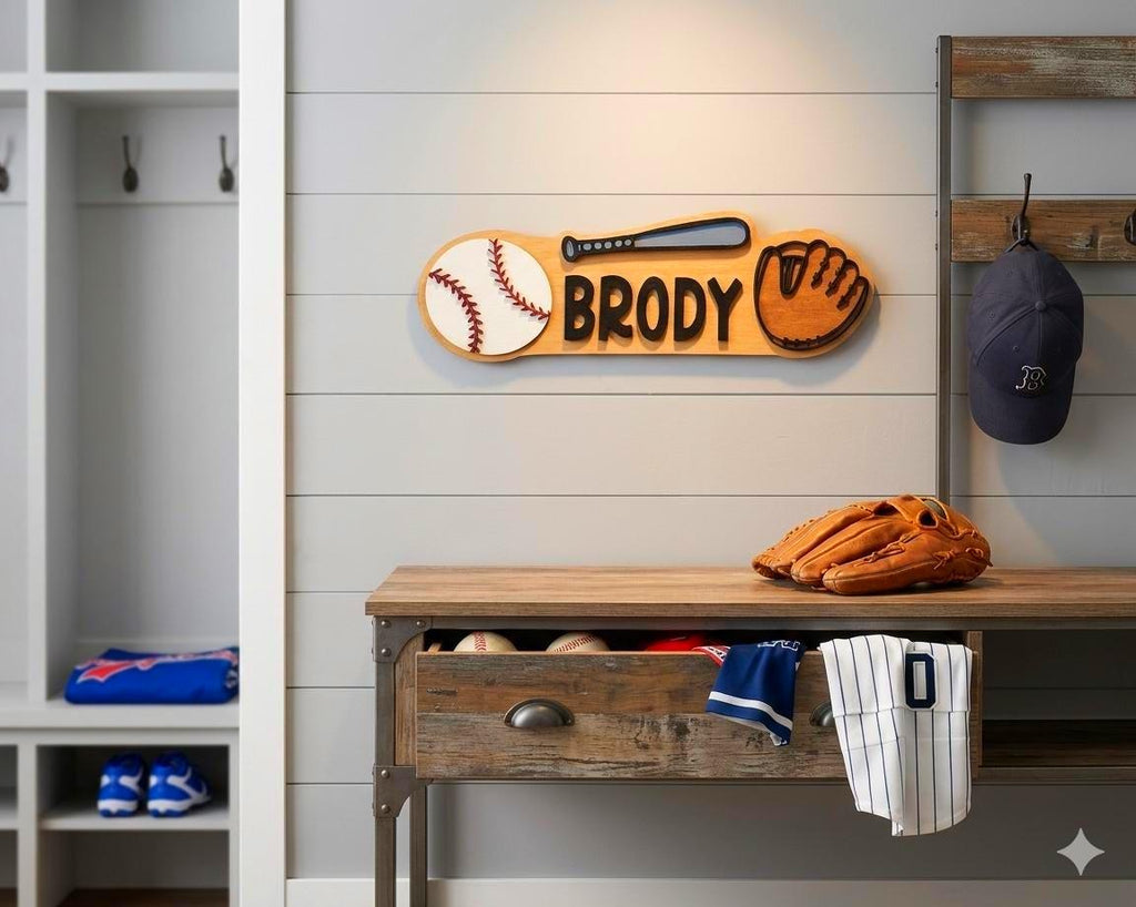Personalized Baseball Name Sign – Custom Bat, Ball & Glove Cutouts – Layered Wood Sports Decor Custom Baseball Decor