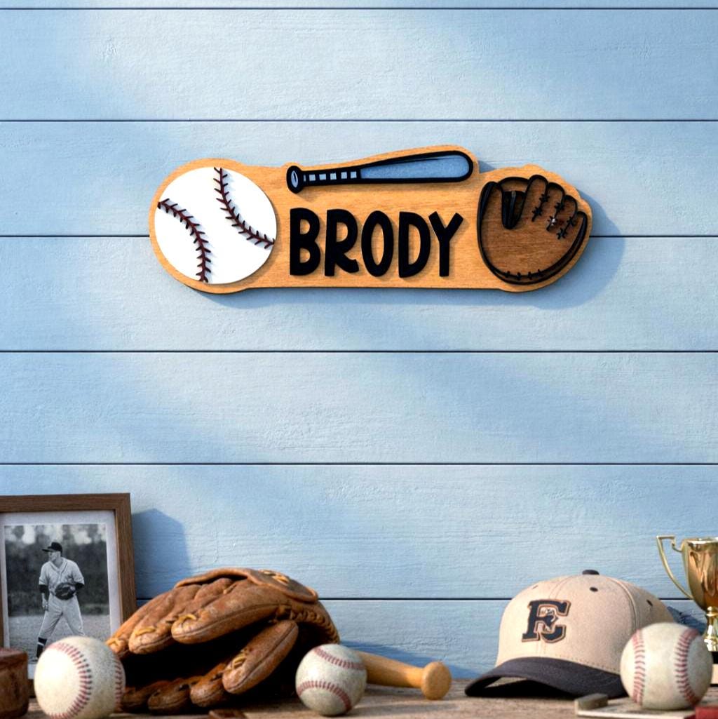 Personalized Baseball Name Sign – Custom Bat, Ball & Glove Cutouts – Layered Wood Sports Decor Custom Baseball Decor