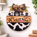 Farmhouse Cow Welcome Sign – Round Wooden Door Hanger with Bow – Country Porch Decor