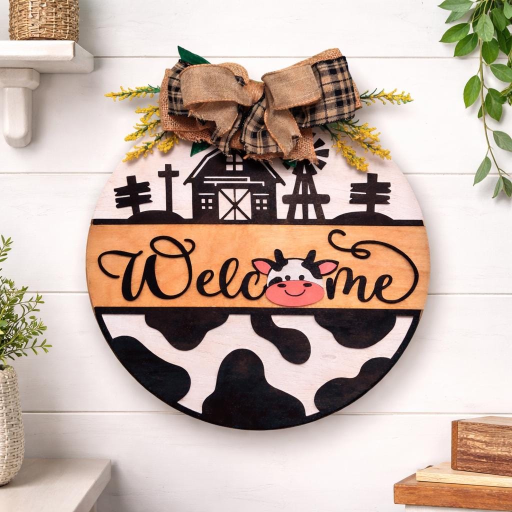 Farmhouse Cow Welcome Sign – Round Wooden Door Hanger with Bow – Country Porch Decor