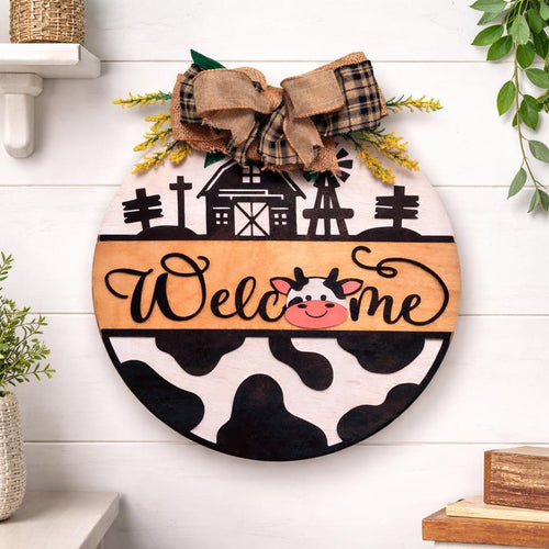 Farmhouse Cow Welcome Sign – Round Wooden Door Hanger with Bow – Country Porch Decor Handmade 3D Wood Decor