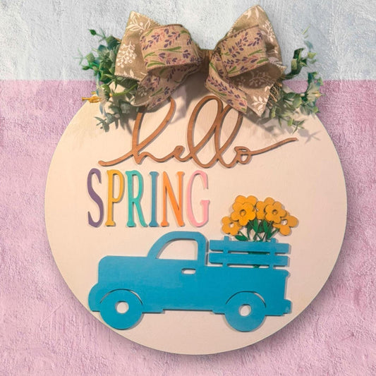 Hello Spring Wooden Sign 14 in, Homemade wooden sign, Farmhouse decor, Spring decor, Seasonal porch sign, Spring Wall Art, Vintage truck