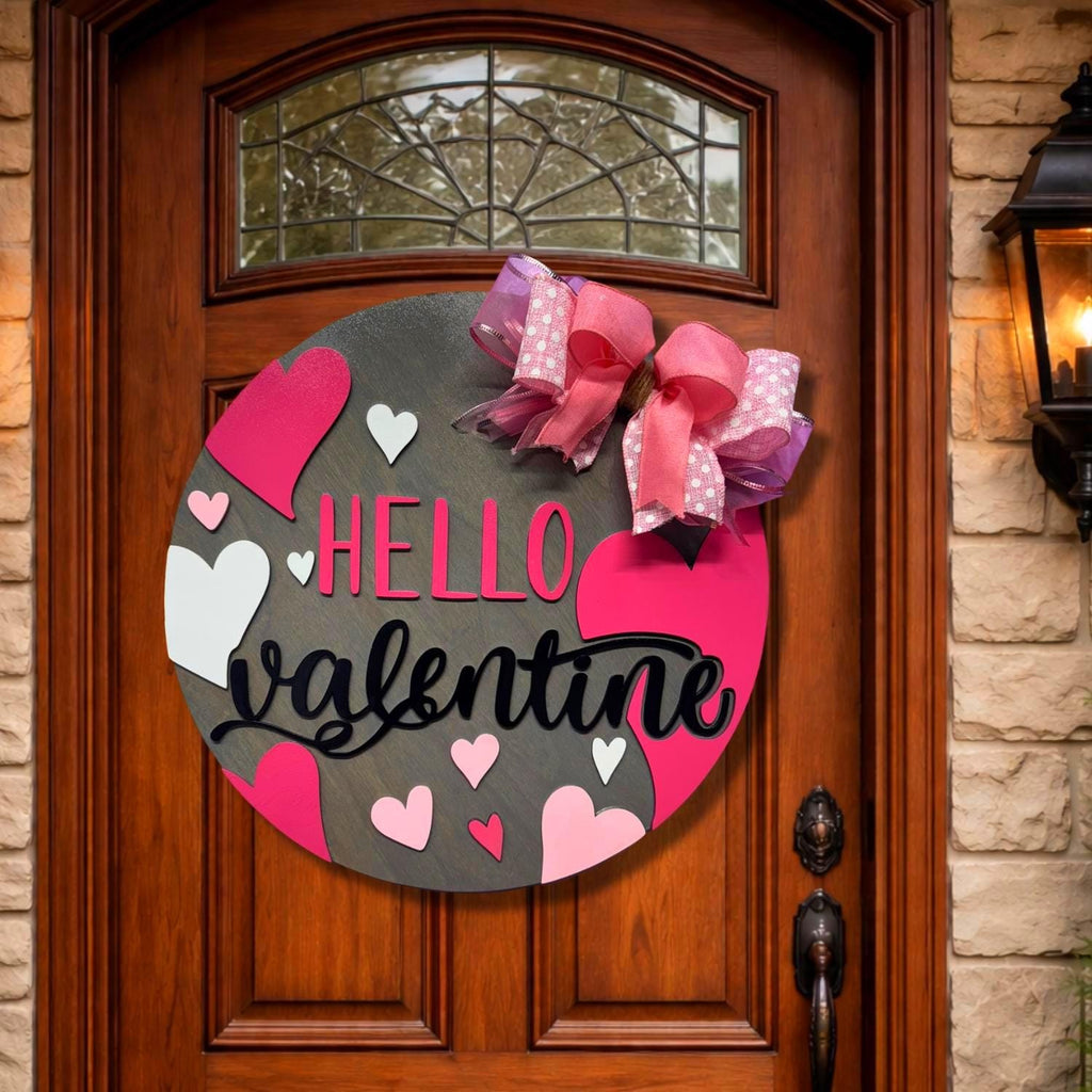 Hello Valentine Wooden Door Hanger | Heart Decor | Layered Wood Round Sign with Bow Seasonal Door Hanger