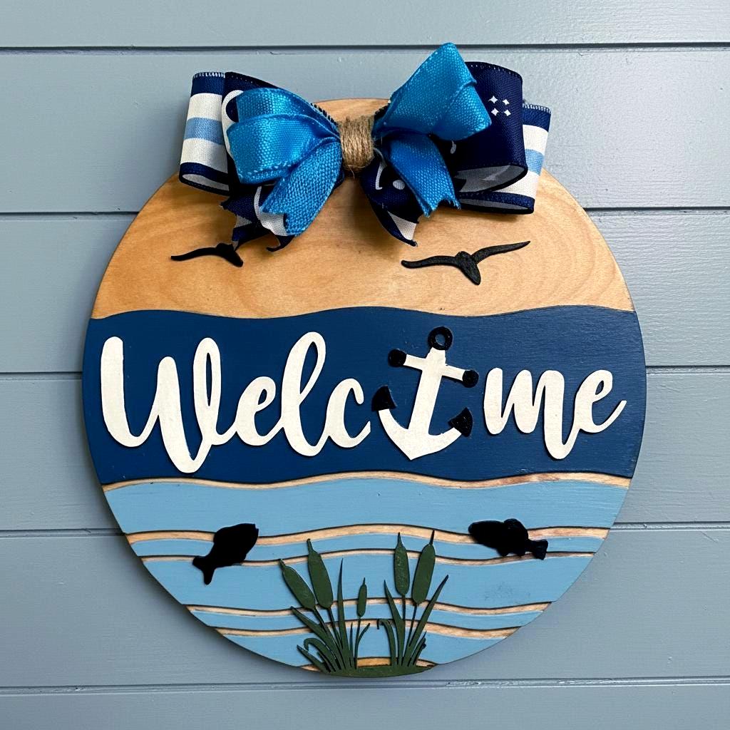 Coastal Welcome Sign | Nautical Wooden Door Hanger | Beach Lake Ocean Waterfront House Decor