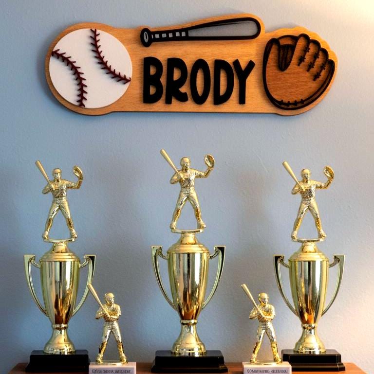 Personalized Baseball Name Sign – Custom Bat, Ball & Glove Cutouts – Layered Wood Sports Decor Custom Baseball Decor