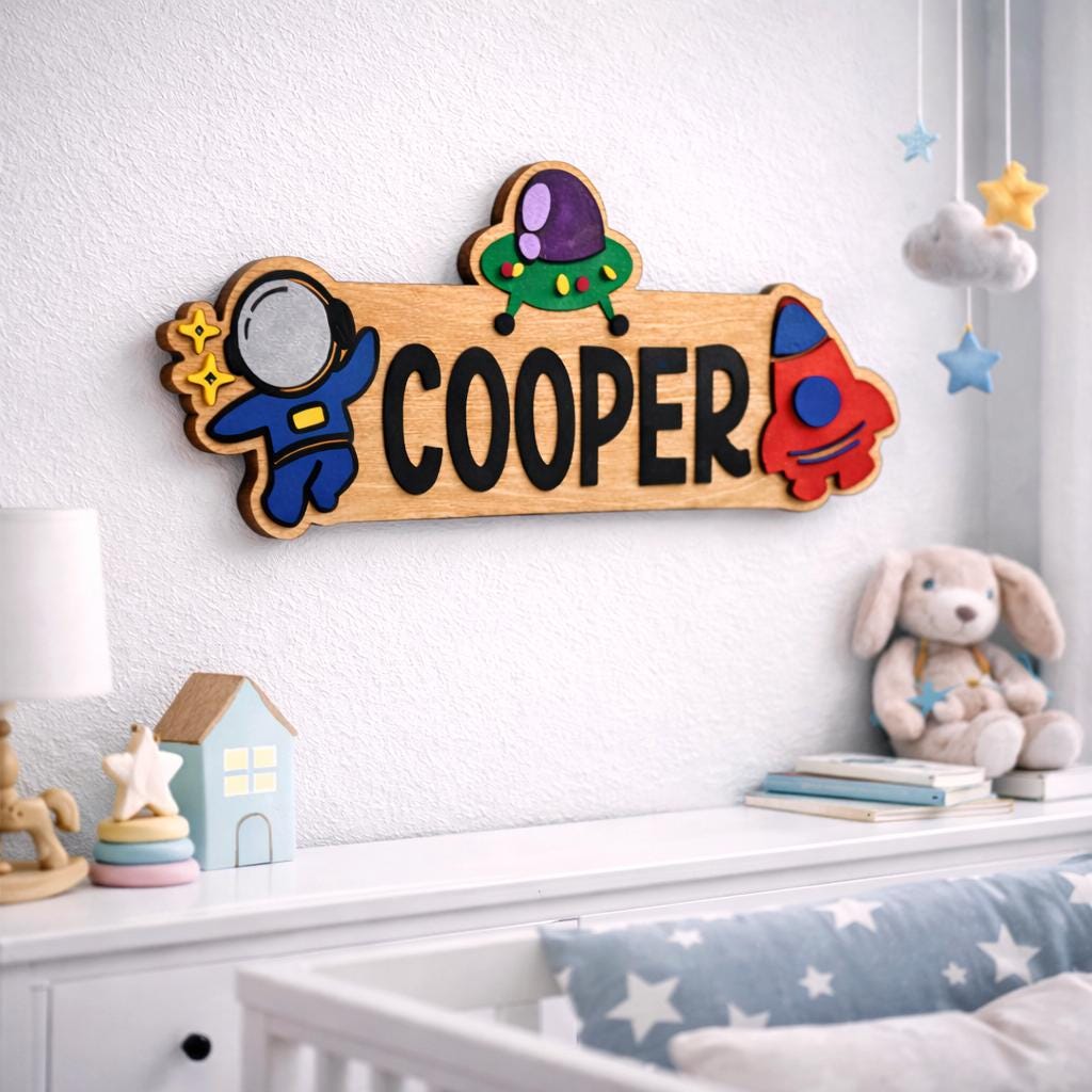 Space Themed Name Sign – Personalized Astronaut & Rocket Wall Decor – Layered Wood Kids Room Gift