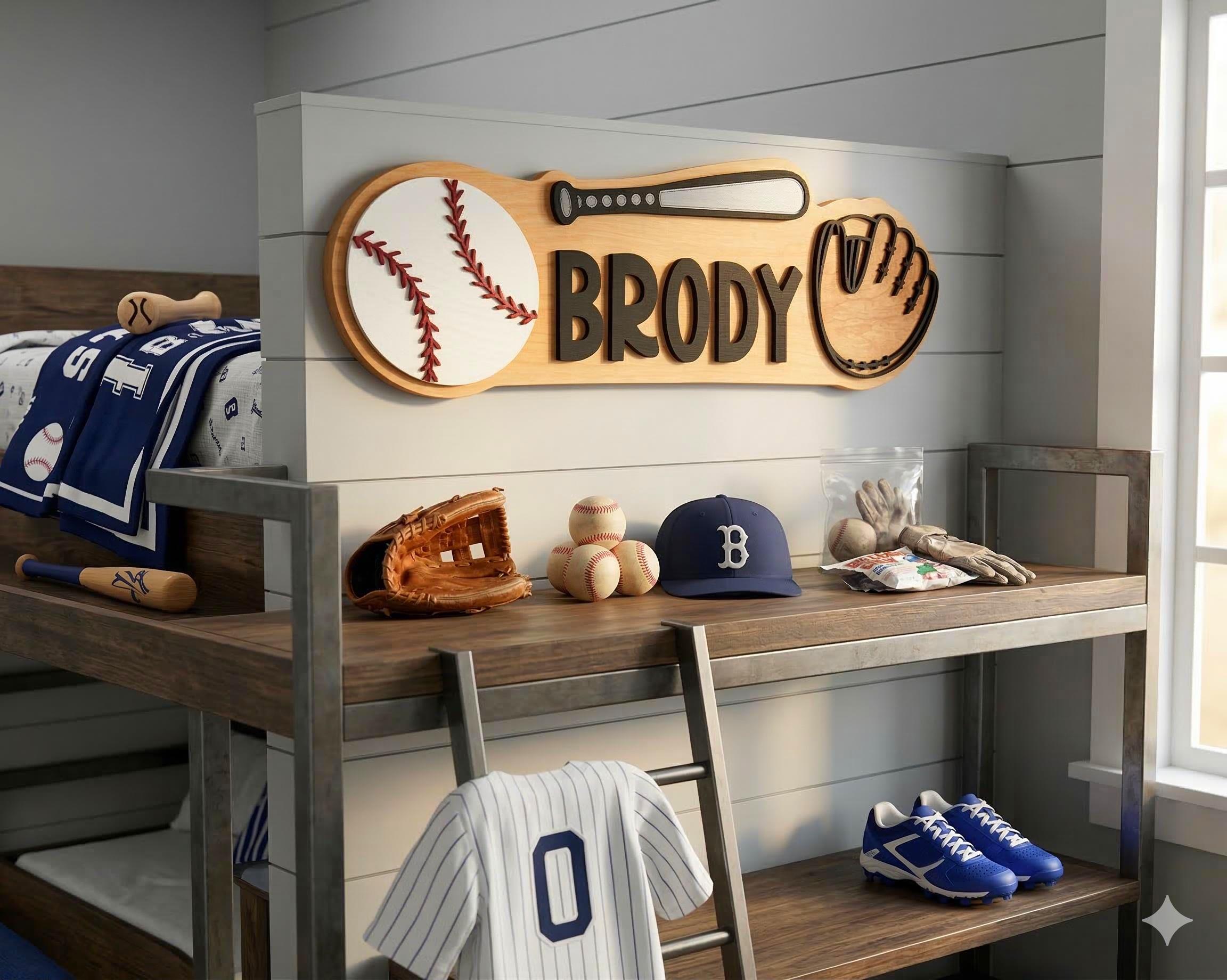 Personalized Baseball Name Sign – Custom Bat, Ball & Glove Cutouts – Layered Wood Sports Decor Custom Baseball Decor
