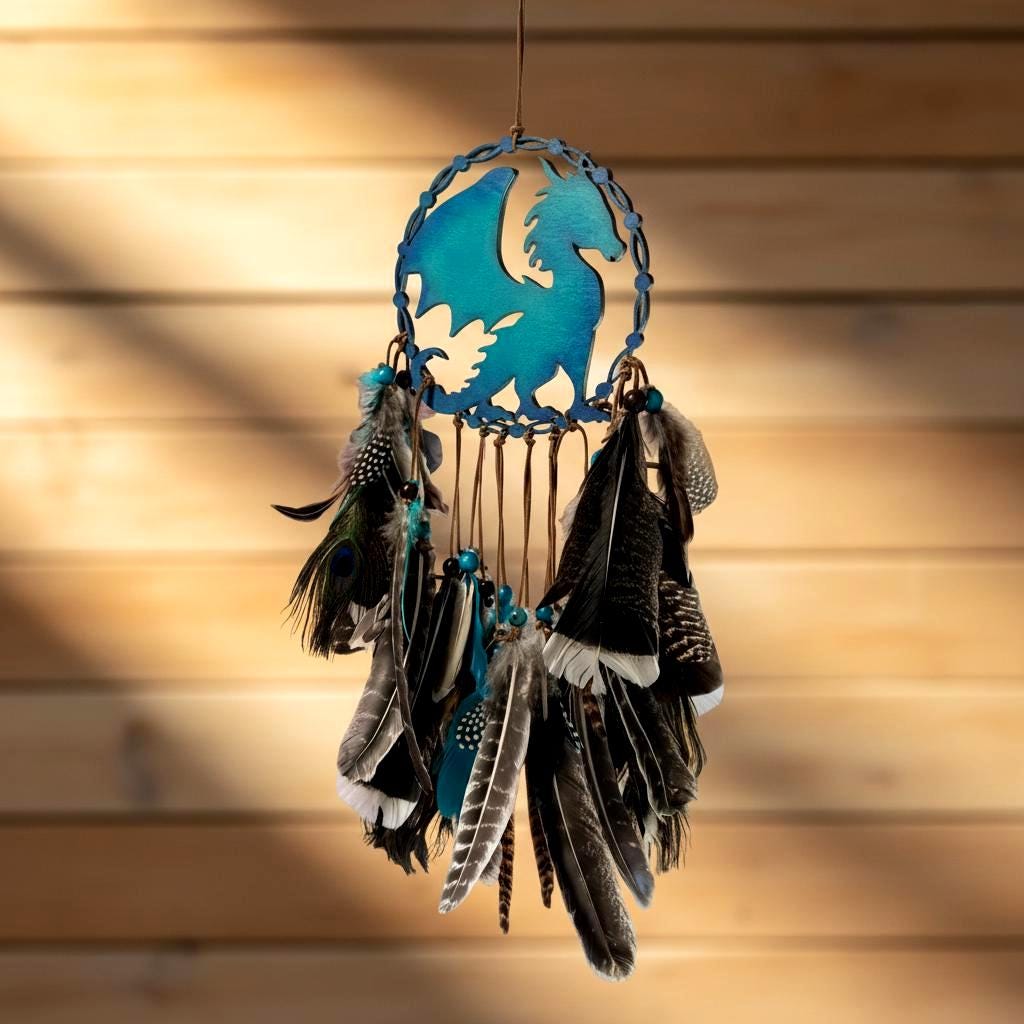 Dream Catcher Hanging with Feathers – Handmade Dragon Gift for Bedroom or Wall Handmade Wood Decor