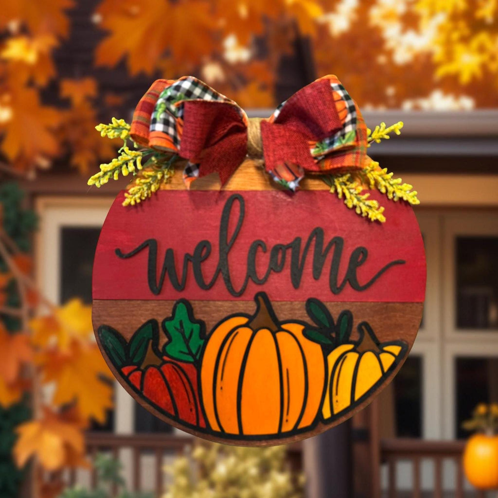 Fall Pumpkin Welcome Sign | Layered Wooden Door Hanger | Autumn Front Door Decor Seasonal Door Hanger