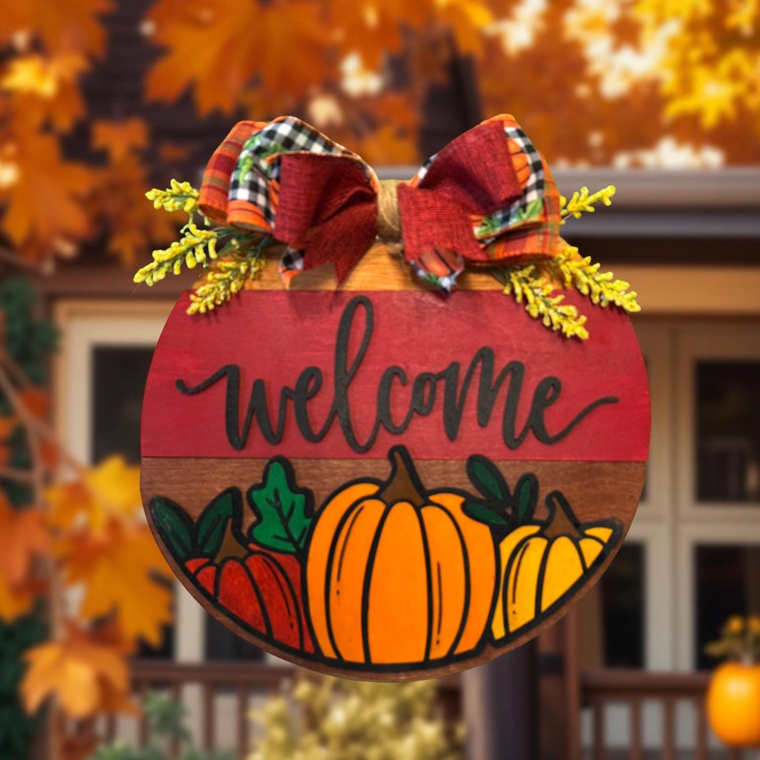 Fall Pumpkin Welcome Sign | Layered Wooden Door Hanger | Autumn Front Door Decor Seasonal Door Hanger