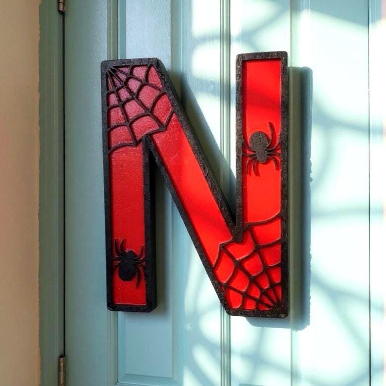 Personalized Spider Web Letter Sign | Handmade Superhero Wooden Wall Decor Handmade 3D Wood Sign