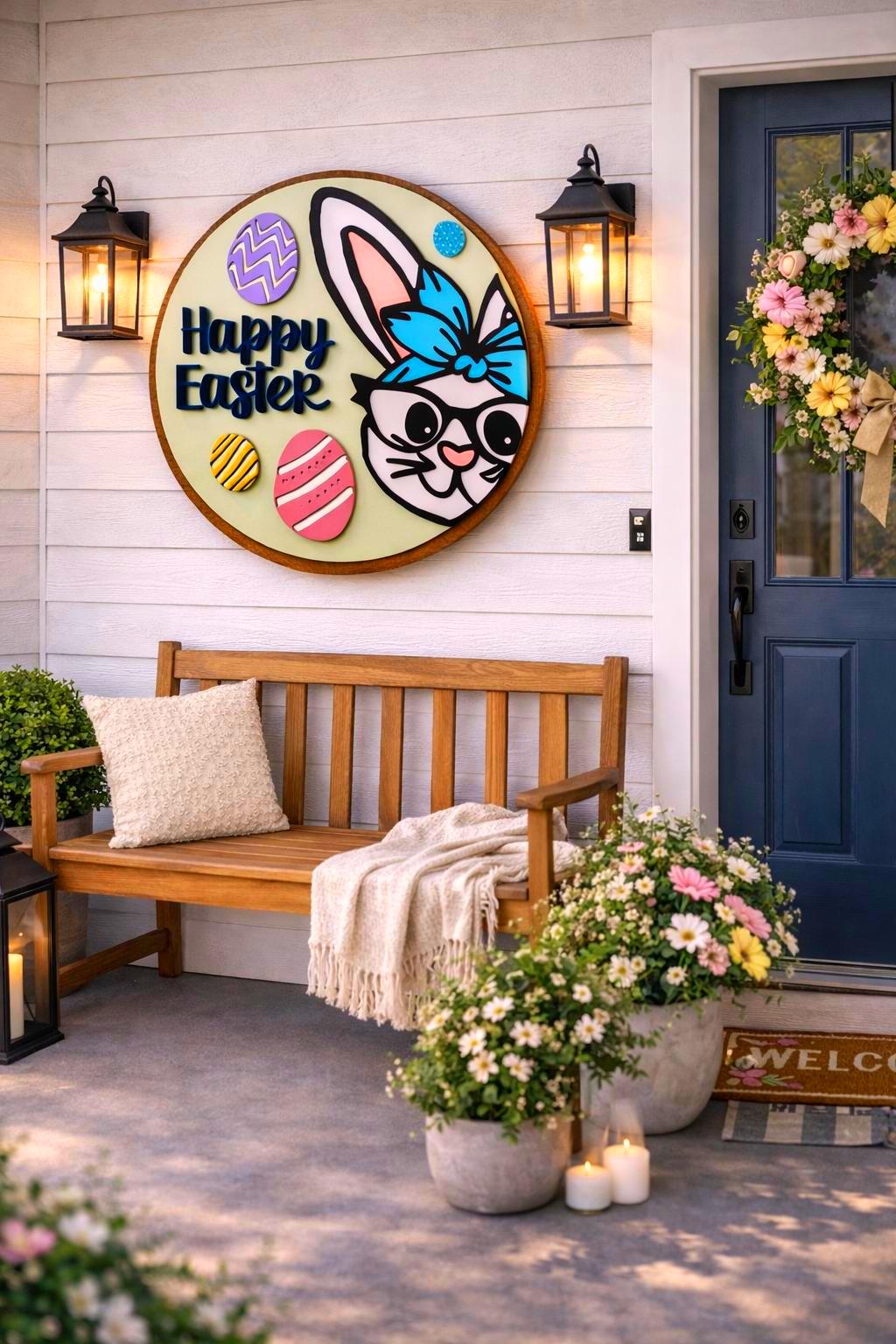 Happy Easter Wooden Sign | Bunny Door Decor | Spring Porch Door Hanger | Handmade Wall Hanging Seasonal Door Hanger