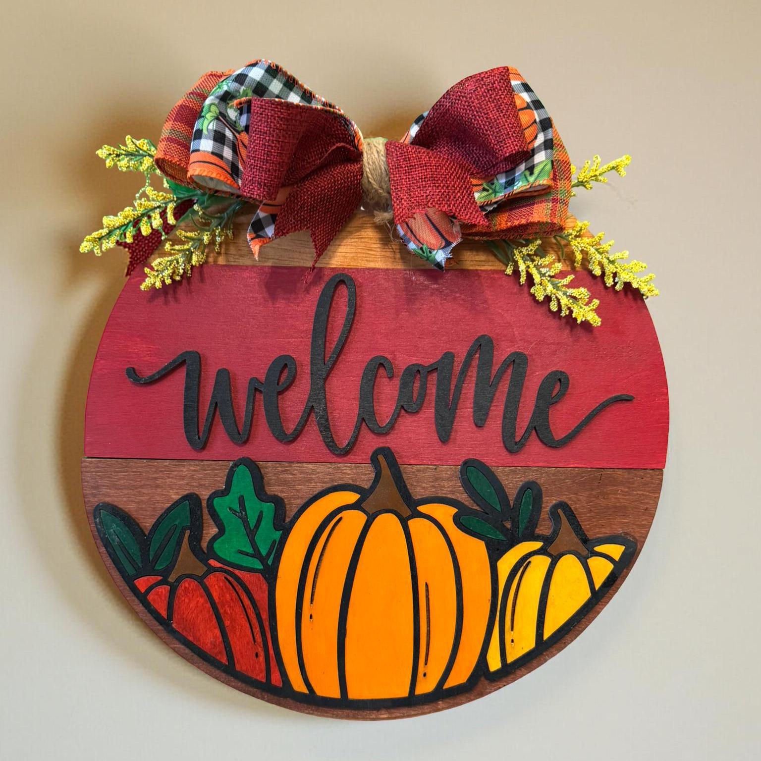 Fall Pumpkin Welcome Sign | Layered Wooden Door Hanger | Autumn Front Door Decor Seasonal Door Hanger