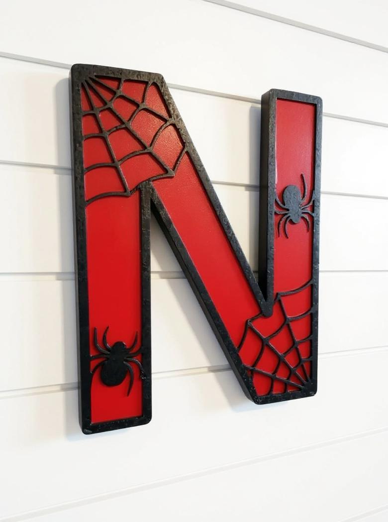 Personalized Spider Web Letter Sign | Handmade Superhero Wooden Wall Decor Handmade 3D Wood Sign