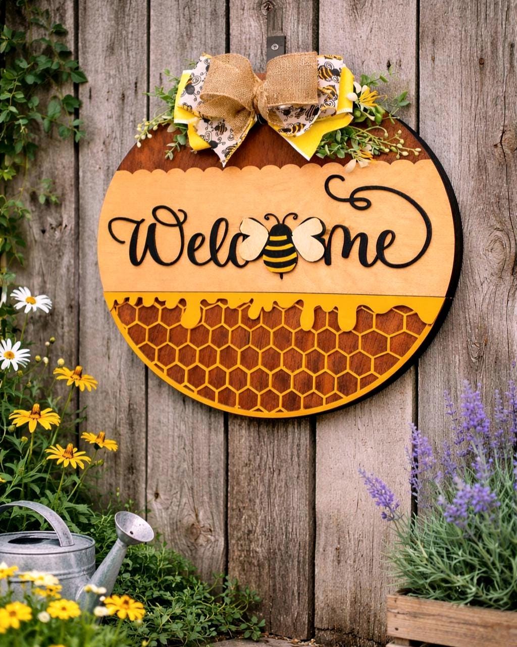 Welcome Honey Bee Wooden Door Sign, Bumble Bee Farmhouse Spring Summer Decor