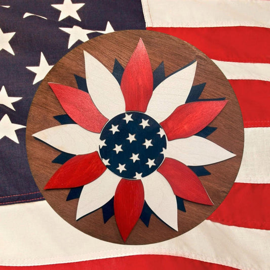 Patriotic American Flag Flower Wood Sign | 12.5" Round July 4th Door Hanger | Red White Blue Wall Decor | Memorial Day Decor | Veteran Gift
