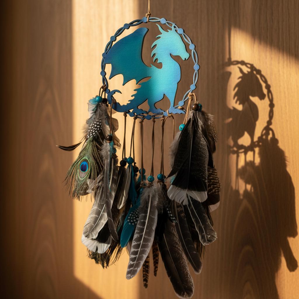 Dream Catcher Hanging with Feathers – Handmade Dragon Gift for Bedroom or Wall Handmade Wood Decor