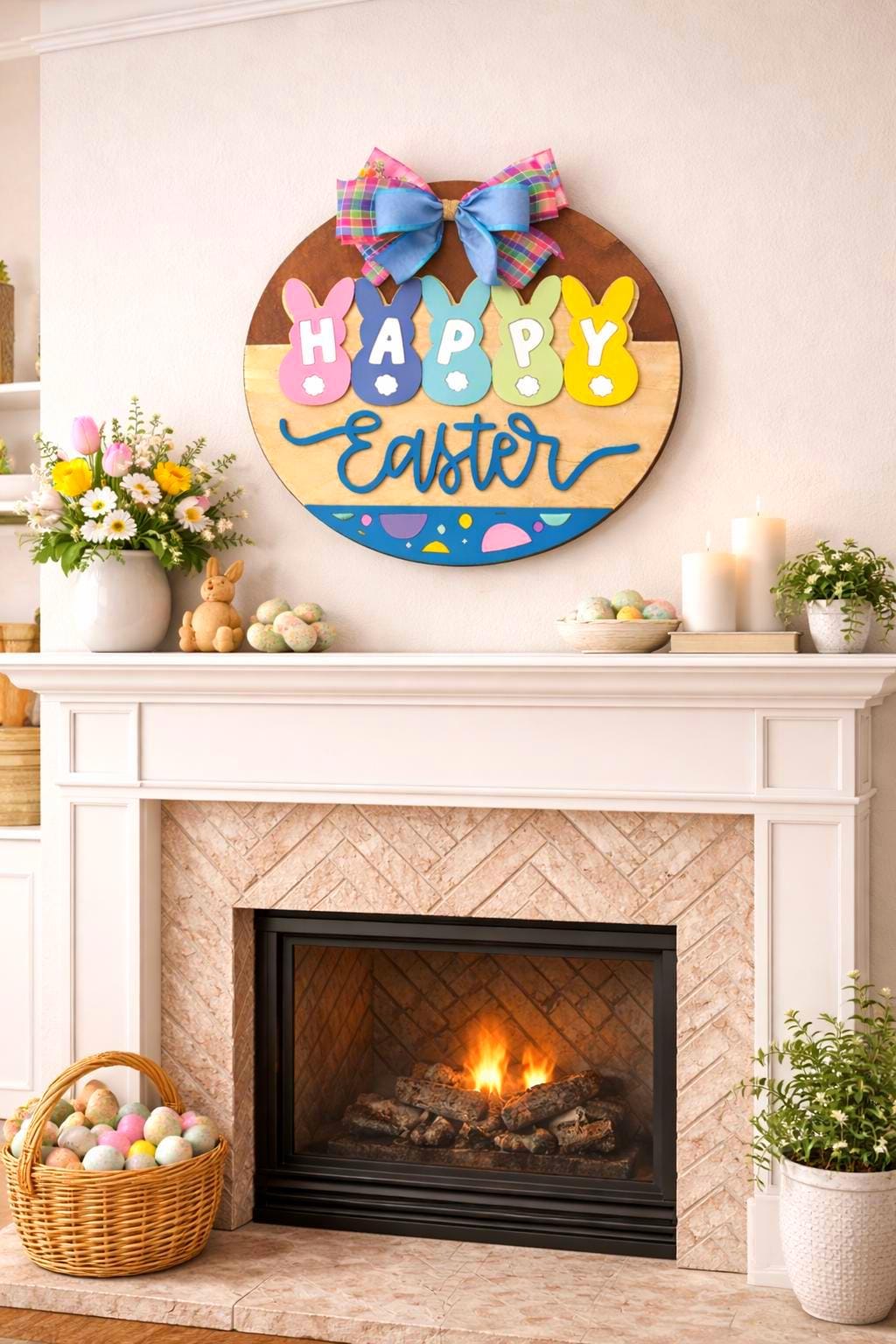 Happy Easter Wooden Sign | Farmhouse Spring Bunny Decor | Handmade Porch Door Hanger / Wall Hanging Seasonal Door Hanger