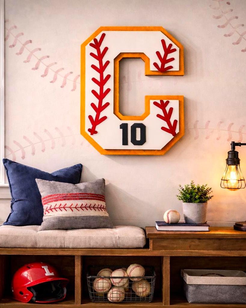 Personalized Baseball Letter Sign with Custom Number • Wooden Sports Wall Hanging • Baseball Room Decor