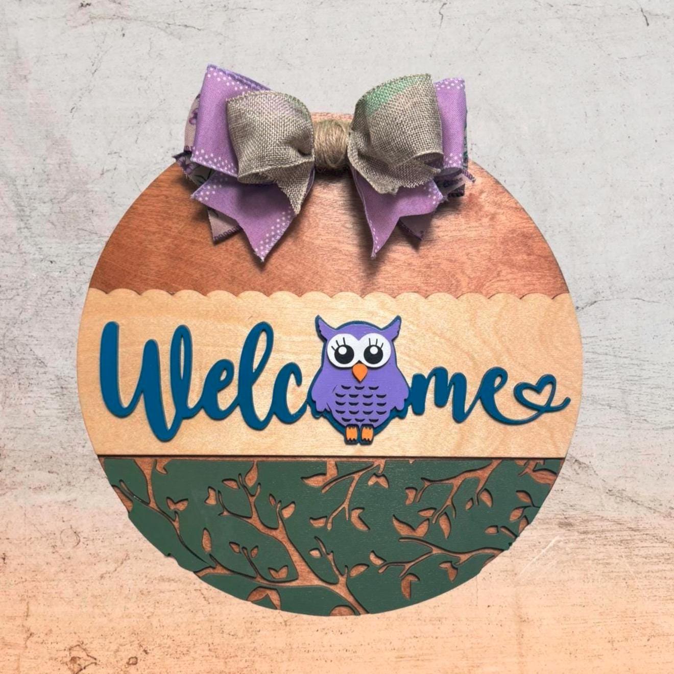 Handmade Owl Welcome Sign – 14" Layered Wood Round with Bow – Front Door Decor for Spring, Summer, or Mother’s Day – Owl Lover Decor