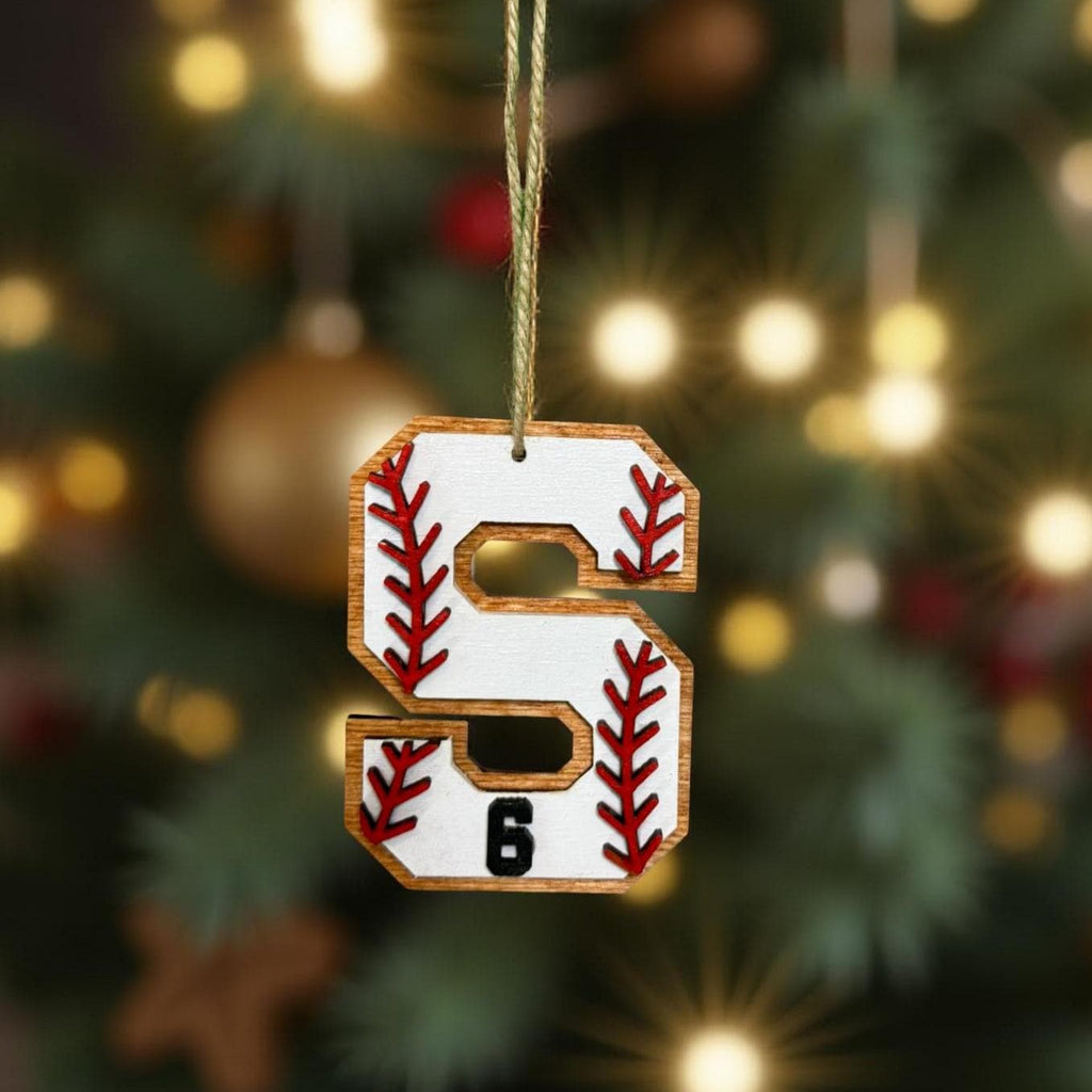Personalized Baseball Ornament – Custom Letter & Jersey Number – 4” Multi-Layered Wood Sports Christmas Decoration – Player or Coach Gift Handmade Seasonal Decor