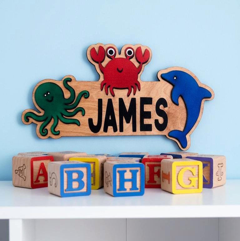 Ocean Animal Name Sign – Personalized Kids Wall Decor – Octopus, Crab & Dolphin Cutouts