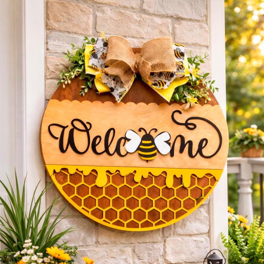Welcome Honey Bee Wooden Door Sign, Bumble Bee Farmhouse Spring Summer Decor