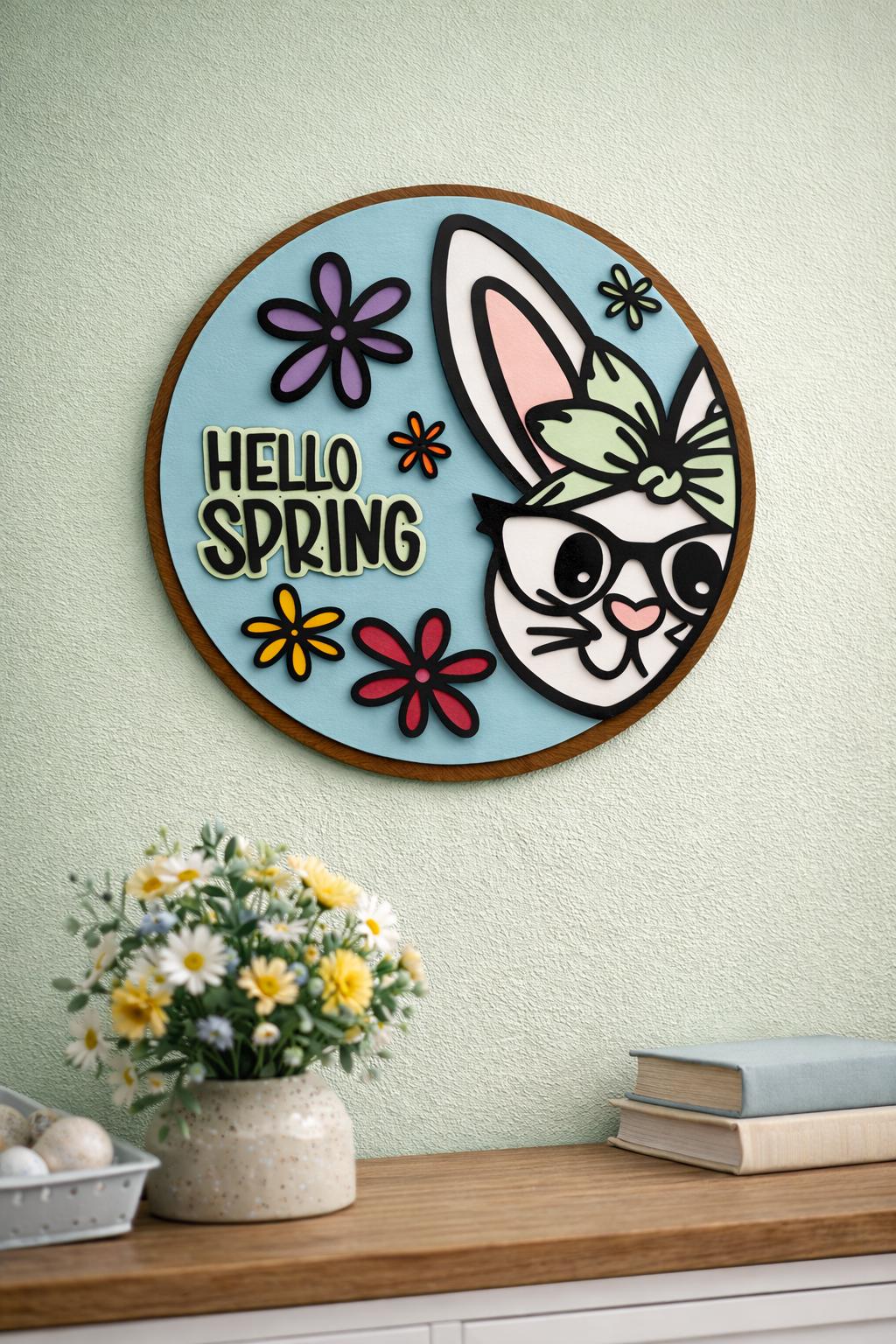 Hello Spring Bunny Sign | Layered Wooden Door Hanger for Spring
