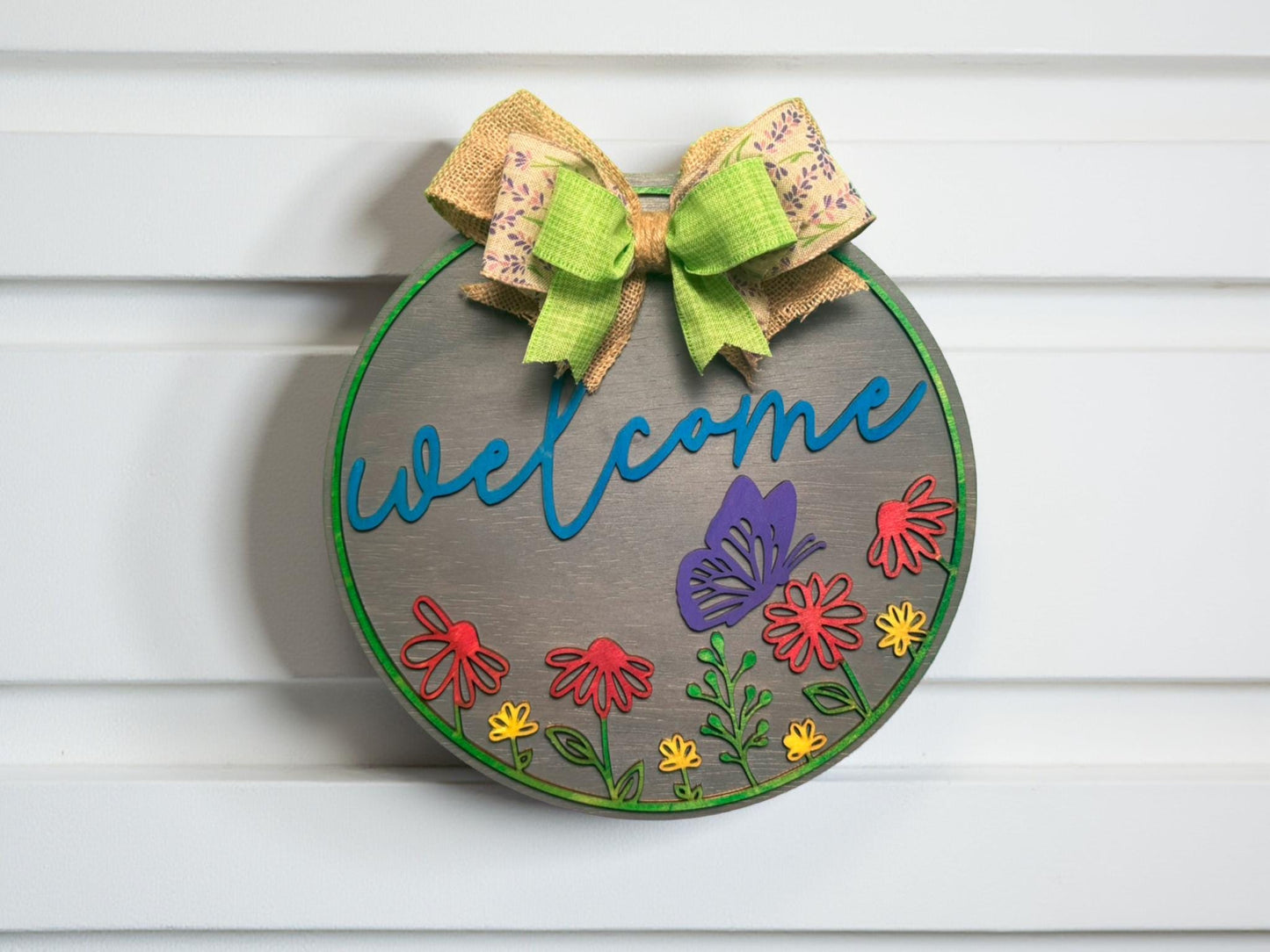 Handmade Wooden Welcome Sign | 12.25" Round Butterfly & Floral Door Hanger | Multi-Layer Porch Sign with Bow | Handmade Farmhouse Door Decor