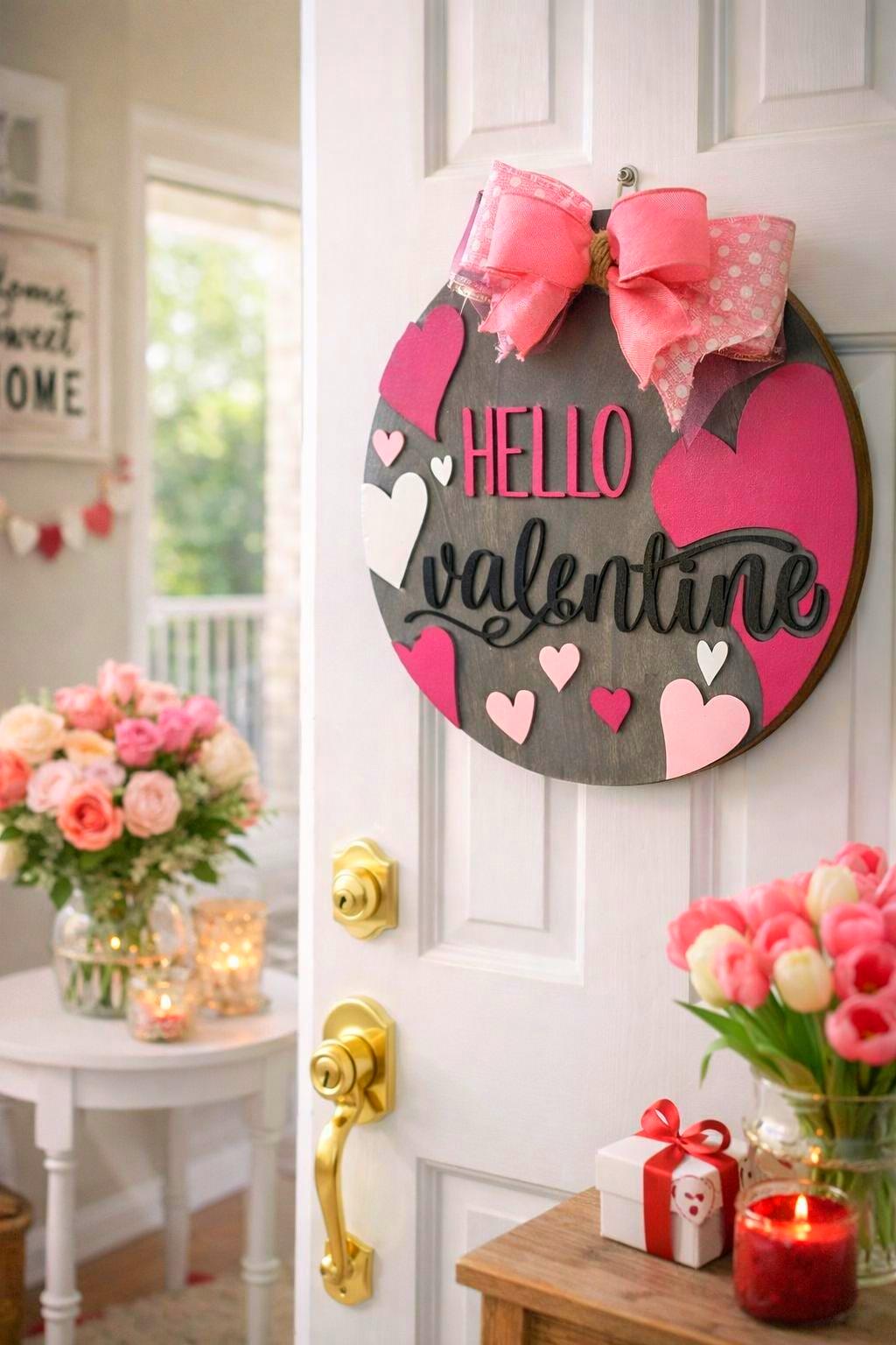 Hello Valentine Wooden Door Hanger | Heart Decor | Layered Wood Round Sign with Bow Seasonal Door Hanger