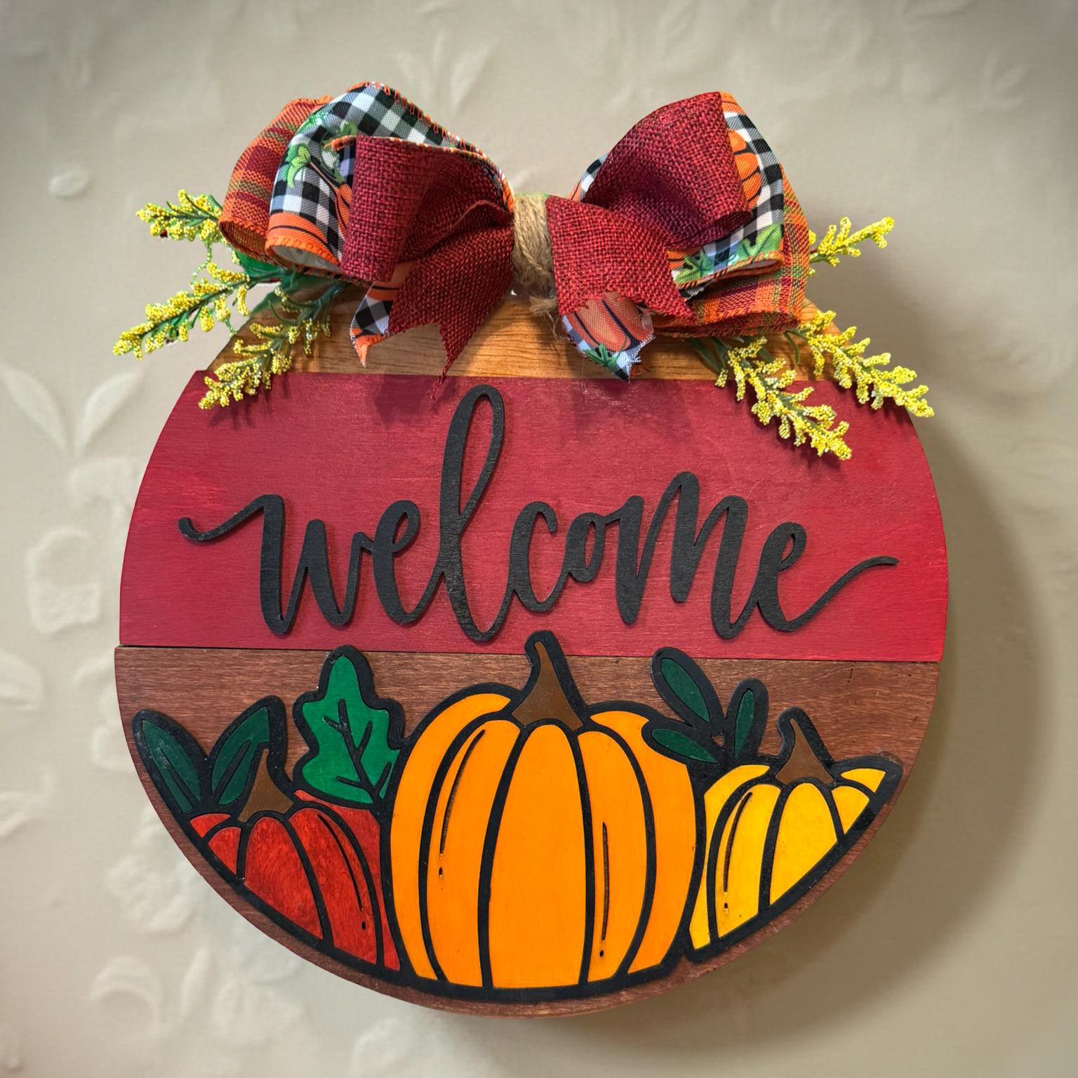 Fall Pumpkin Welcome Sign | Layered Wooden Door Hanger | Autumn Front Door Decor Seasonal Door Hanger